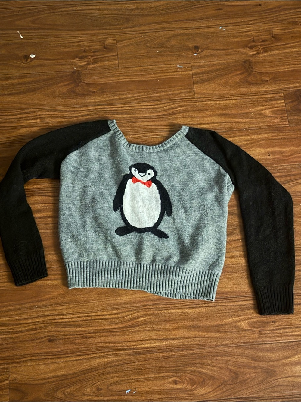 Route 66 Gray and Black Penguin Crewneck Sweater with Red Bow